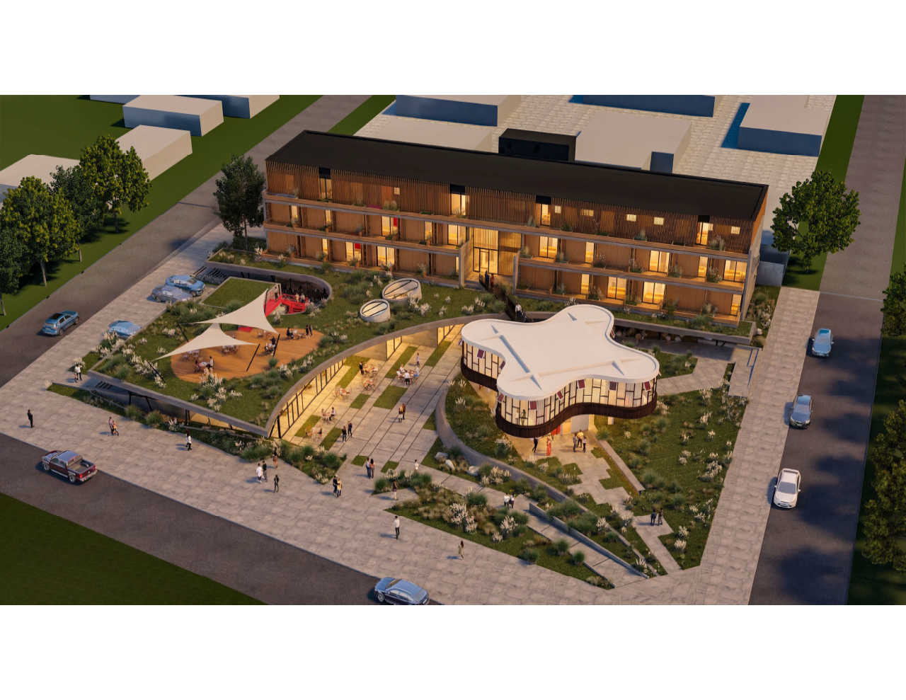 Render del proyecto de restauración del Parador Ariston - Vista aérea diurna mostrando el edificio completo